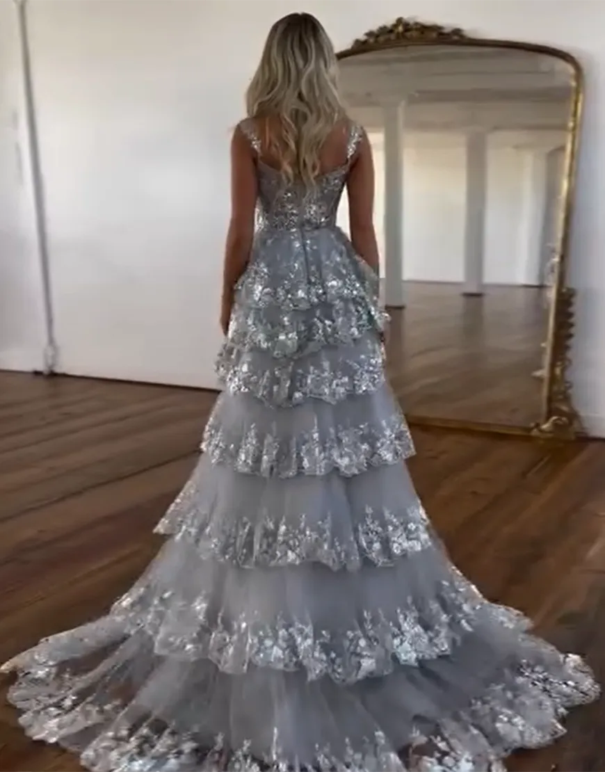 Wholesale Charming A-Line Sweep Train Long Tiered Prom Dress With Split long prom dresses with sleeves